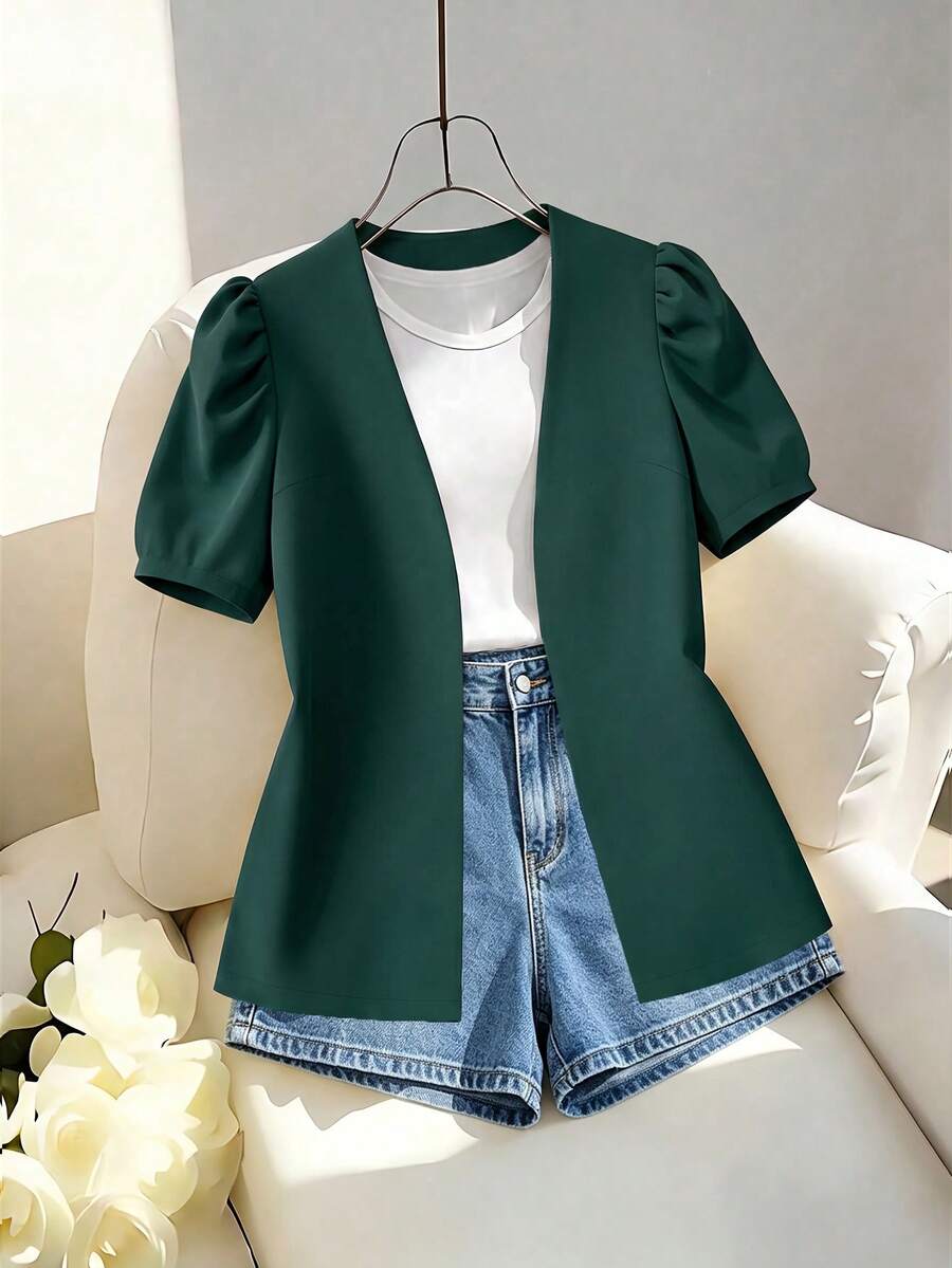 SHEIN Clasi 青少年女孩休閒簡約輕量西裝外套 - 墨綠色 - 查看 1
