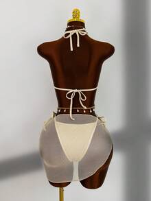 Zestiva Women's Summer Gentle Beige Apricot Mesh Pearl 3D Floral Bikini & Sheer Cover-Up Set, Minimalist Sexy Style, Vacation Vibe, Beach, Hot Spring, Swimwear Set - Apricot - View 2