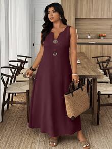 EMERY ROSE Plus Size Notched Neck Solid Color Casual Versatile Sleeveless Dress - Maroon - View 4
