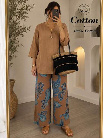 Lacomfia Plus Size Women's Brown Deep Khaki Casual 2 Pieces Set, 100% Cotton 3/4 Sleeve Loose Long Top With Printed Pants, Suitable For Summer Daily Casual Occasions