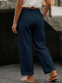 EMERY ROSE Pantalones largos casuales de algodón puro de unicolor con bolsillos y cierre de botones para mujer de talla grande - Azul Marino - Ver 2