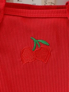 Young Girl Sweet Cherry Embroidery Flutter Sleeve Tank Top & Denim Shorts 2 Pieces Set Back To School Clothes Girls Fall Clothes Holiday Outfits - Red - View 8