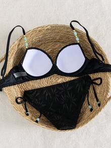 Swim Vcay Women's 2-Piece Swimsuit Set, Sexy Elegant Minimalist Bikini With Double Shoulder Straps, Patchwork Hand-Beaded Design, Random Color, Beachwear Swimsuit Set For Spring/Summer - Black - View 2