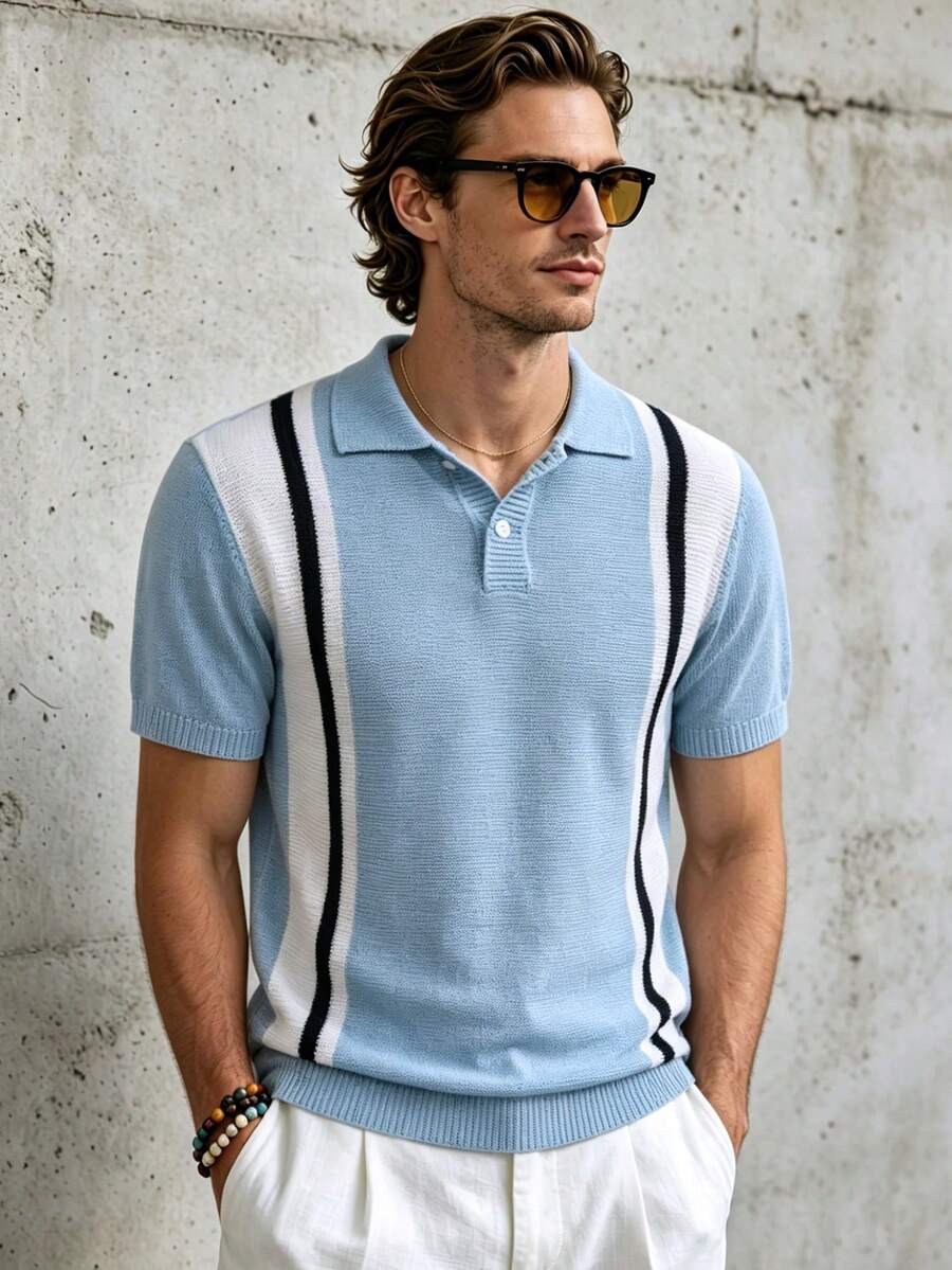 TONEVAULT Men's Fashion Button Half-Placket Short Sleeve Knit Top - Blue - View 1