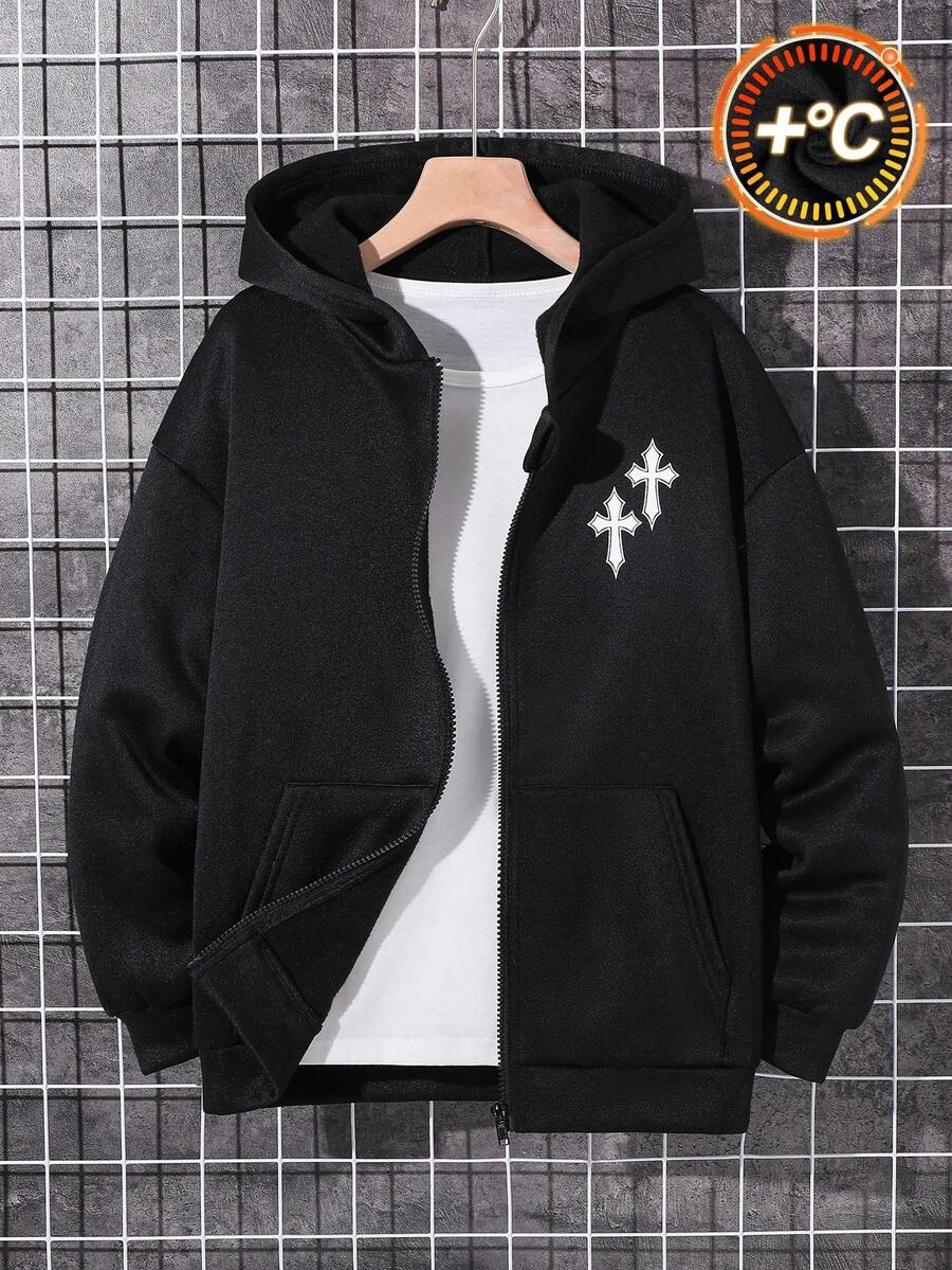 SHEIN 兒童 Bolty 十字玫瑰紋理帥氣龐克復古態度個性化大童男孩休閒衛衣，秋冬穿搭，亦適合夏季