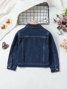 SHEIN 女童牛仔夾克，彩色愛心刺繡可愛休閒長袖單排扣牛仔上衣，經典深藍色水洗牛仔色，百搭日常女童牛仔夾克，適合兒童日常穿著、派對和拍照 - 深色水洗藍 - 查看 3