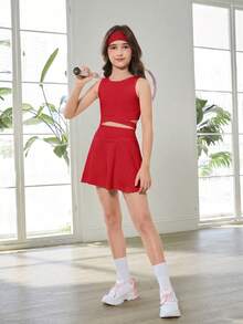 SHEIN 青少年女孩白色纯色春夏装，简约纯色舒适百搭套装，学院风休闲运动服，跑步/户外时尚高腰设计贴身加长百搭女孩套装 - 紅色 - 查看 7