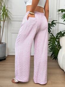 SHEIN EZwear Celana Panjang Wanita Ukuran Besar Motif Garis-Garis Patchwork Kasual Serbaguna untuk Aktivitas Sehari-hari - Berwarna merah muda - View 3