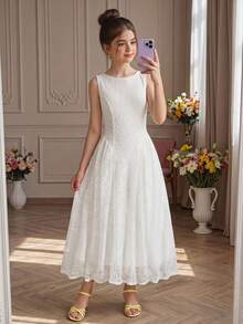 SHEIN Tween Mädchen Lässiges elegantes Mode einfarbiges weißes Spitzenkleid, vielseitig geeignet für den täglichen Gebrauch, Zeremonien, Partys, neues Mädchenkleid, Teeparty-Kleid, weißes Kleid, Sommerkleid - Weiss - Übersicht 13