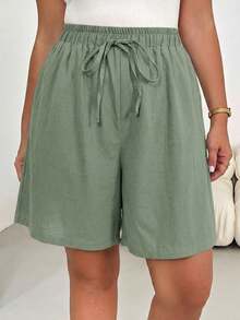 Shapeblank Shorts de talla grande de unicolor con cintura con cordón y bolsillos para uso diario - Verde - Ver 4