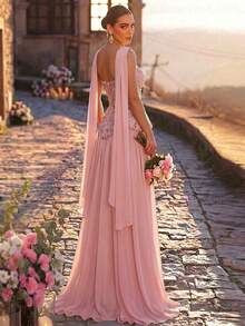 Glamrae Elegant Romantic Luxurious Graceful Grass Green Multicolor Iridescent Lace Sequin Fabric Chiffon Patchwork, Pleated Oversized Skirt, Suitable For Vacation, Wedding Events, Bachelorette Party, Ball Gown, Formal Evening Dress (Heavy Workmanship Style) - Dusty Pink - View 2