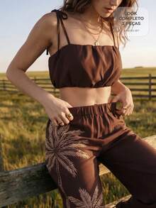 CAJUNI Set Atasan Camisole Pendek Warna Polos dan Celana Jogger Motif Pohon Palem untuk Liburan Pantai, Nuansa Cokelat Tua, Gaya Boho Tropis Musim Panas - Coklat - View 7