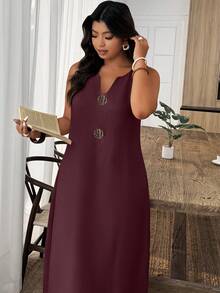EMERY ROSE Plus Size Notched Neck Solid Color Casual Versatile Sleeveless Dress - Maroon - View 3