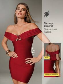 Nuvra Sexy & Elegant Off Shoulder Red Metal Decor Bodycon Mini Dress - Burgundy - View 3