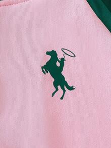 SHEIN Elladie kids 女童 2 件組配色運動套裝，插肩袖拉鍊連帽外套與側條紋長褲，對比粉色與綠色運動風聖誕套裝 - 綠色 - 查看 6