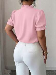 Elenzga Plus Size Premium Elegant Commuter Solid Color Turn Collar Blouse - Pink - View 2