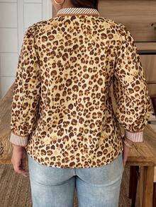 Weeklong Plus Size Women's All-Season Leopard Print Patchwork Striped Casual Elegant Commuter Office Formal Shirt Autumn Tan - Multicolor - View 2
