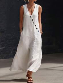 Solivie Women's Solid Color Button Design V-Neck Pocket Casual Sleeveless Long Dress Vacation All White Summer - White - View 10