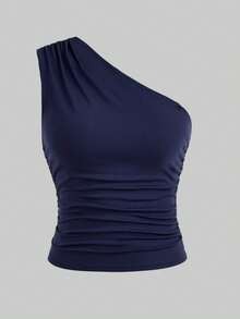 Girlism Baju Tank Top & Camisole 2pcs untuk Remaja Perempuan, Musim Semi/Panas, Warna Polos Baru, Model Kasual dengan Detail Kerut dan Garis Leher Asimetris, Cocok untuk Kembali ke Sekolah. - Blue and White - View 6