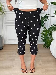 SHEIN EZwear 波點大尺碼女款法式風格彈性開衩七分褲 - 黑與白 - 查看 7