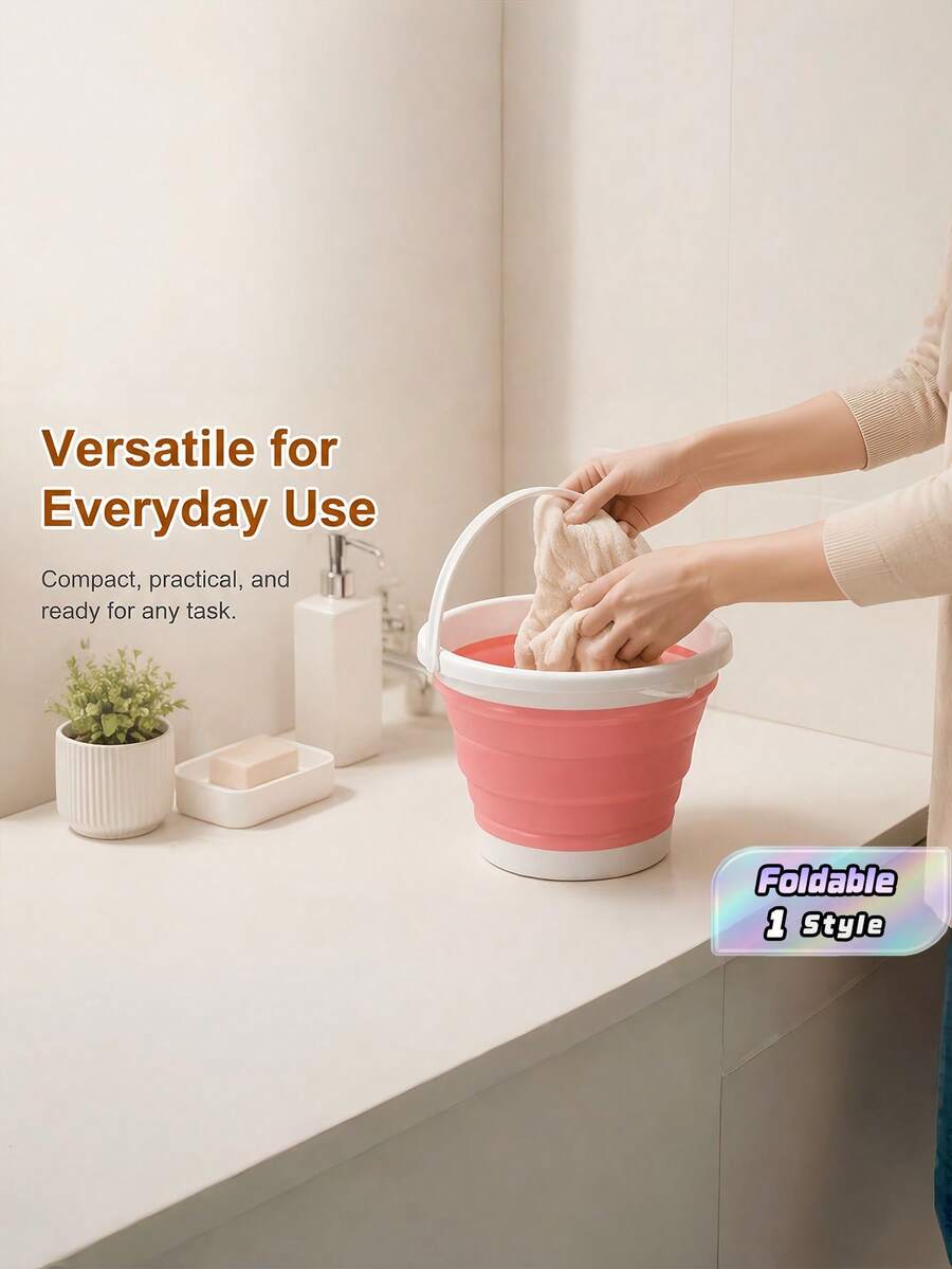 1pc Portable Folding Water Bucket, Plastic & Silicone Car Wash Bucket, Large Capacity Fishing Bucket, Household Water Storage & Watering Bucket Home Bathroom Decor Fall Decor Back To School - Red - View 1