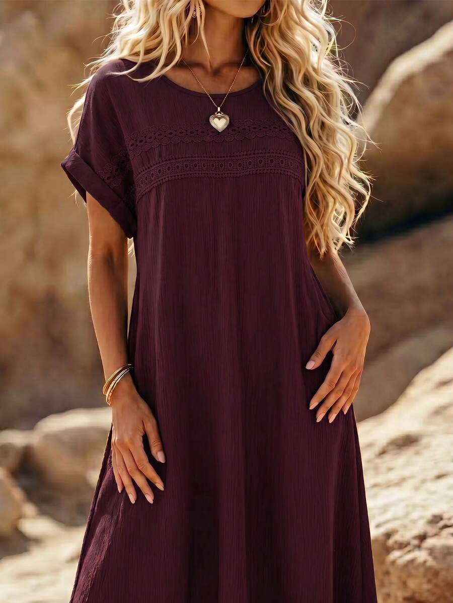 EMERY ROSE Plus Size Women's Solid Color Lace Hollow Out Sleeveless Dress - Red Violet - View 1