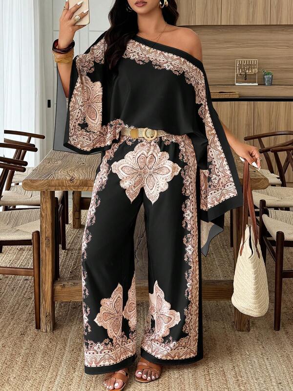 Weeklong Women's Plus Size Spring/Summer Vacation Casual Cape Shawl, One Shoulder Wrap, Asymmetrical Hem, Paisley Print, Island Style 2-Piece Set
