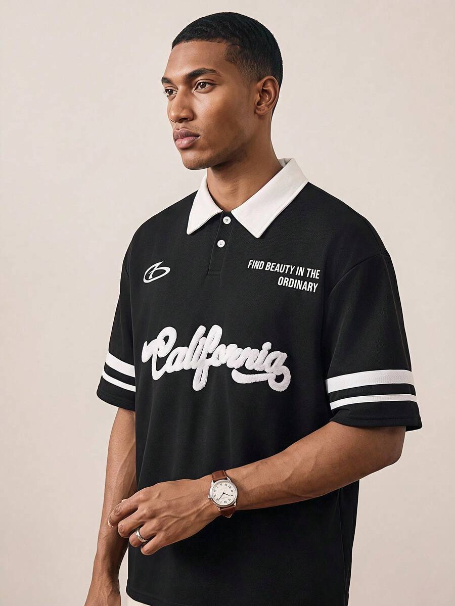 Tonviero Polo à imprimé slogan de couleur contrastée décontracté pour hommes, pull tricoté noir pour hommes, t-shirt noir d'été pour hommes, pull tricoté noir brodé pour hommes, chemise courte imprimée pour hommes, Top court ample brodé pour hommes - Multicolore - Voir 1