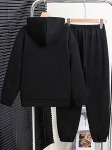 SHEIN 兒童 2 件組大童男孩休閒字母圖案簡約長袖連帽衛衣套裝，適合秋冬日常穿著、運動、外出、學校、派對、節慶、拍照 - 黑色 - 查看 4