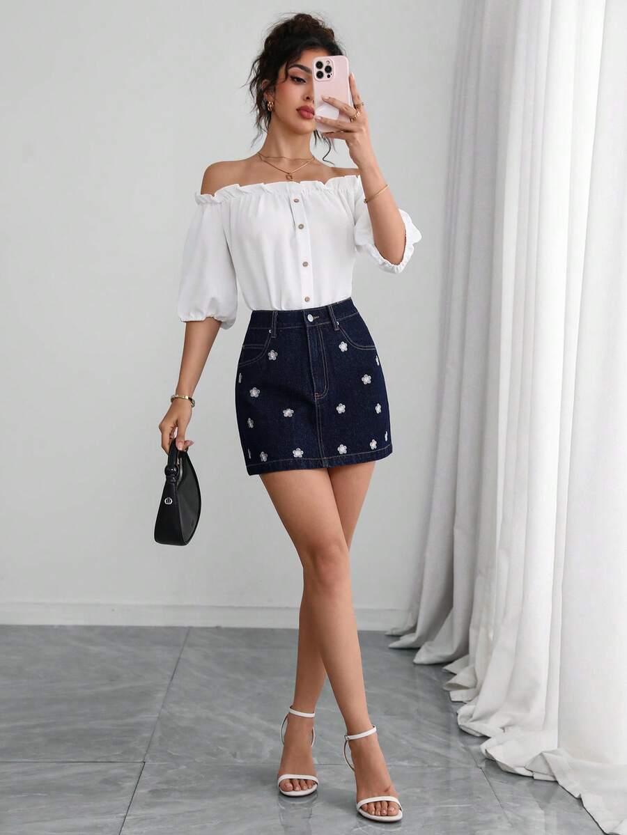 Selianne Falda vaquera bordada elegante y holgada para mujer, estilo casual para ir al trabajo - Negro - Ver 1