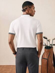 Manfinity Homme 男款皇冠印花對比飾邊半鈕扣領撞色白色商務休閒 Polo 衫，爸爸與男友禮物，適用於高爾夫、正式場合、典禮 - 白色 - 查看 2
