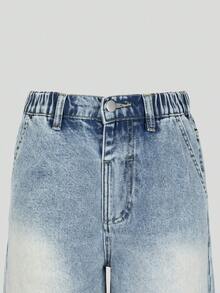 SHEIN Explorewe 女款牛仔短褲，秋季新品，休閒街頭風學院復古做舊藍灰色，彈性腰頭鈕扣門襟設計，寬鬆大腿褲管 - 中等水洗藍 - 查看 4
