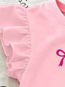 SHEIN (Patrón aleatorio, 1 pieza aleatoria) Camiseta corta básica de manga de mariposa con lazo fresco y lindo, patrón floral y a rayas, cómoda para uso diario en verano para niñas - Rosa - Ver 3