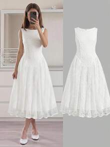SHEIN Tween Mädchen Lässiges elegantes Mode einfarbiges weißes Spitzenkleid, vielseitig geeignet für den täglichen Gebrauch, Zeremonien, Partys, neues Mädchenkleid, Teeparty-Kleid, weißes Kleid, Sommerkleid - Weiss - Übersicht 1