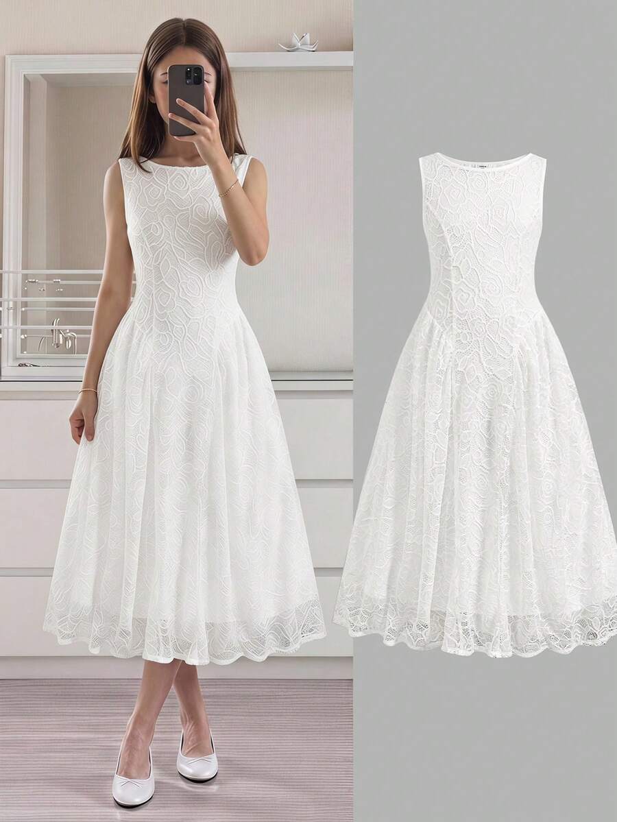 SHEIN Tween Mädchen Lässiges elegantes Mode einfarbiges weißes Spitzenkleid, vielseitig geeignet für den täglichen Gebrauch, Zeremonien, Partys, neues Mädchenkleid, Teeparty-Kleid, weißes Kleid, Sommerkleid - Weiss - Übersicht 1