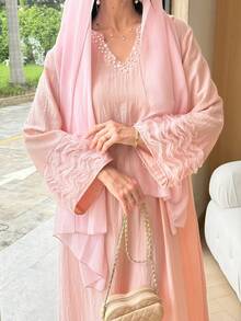 Yasmyna V-Neck Pearl Embellished Cuffs Patchwork Wavy Stripe 3D Floral Powder Pink Dress - Pink - View 9