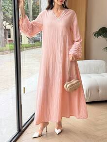Yasmyna V-Neck Pearl Embellished Cuffs Patchwork Wavy Stripe 3D Floral Powder Pink Dress - Pink - View 5