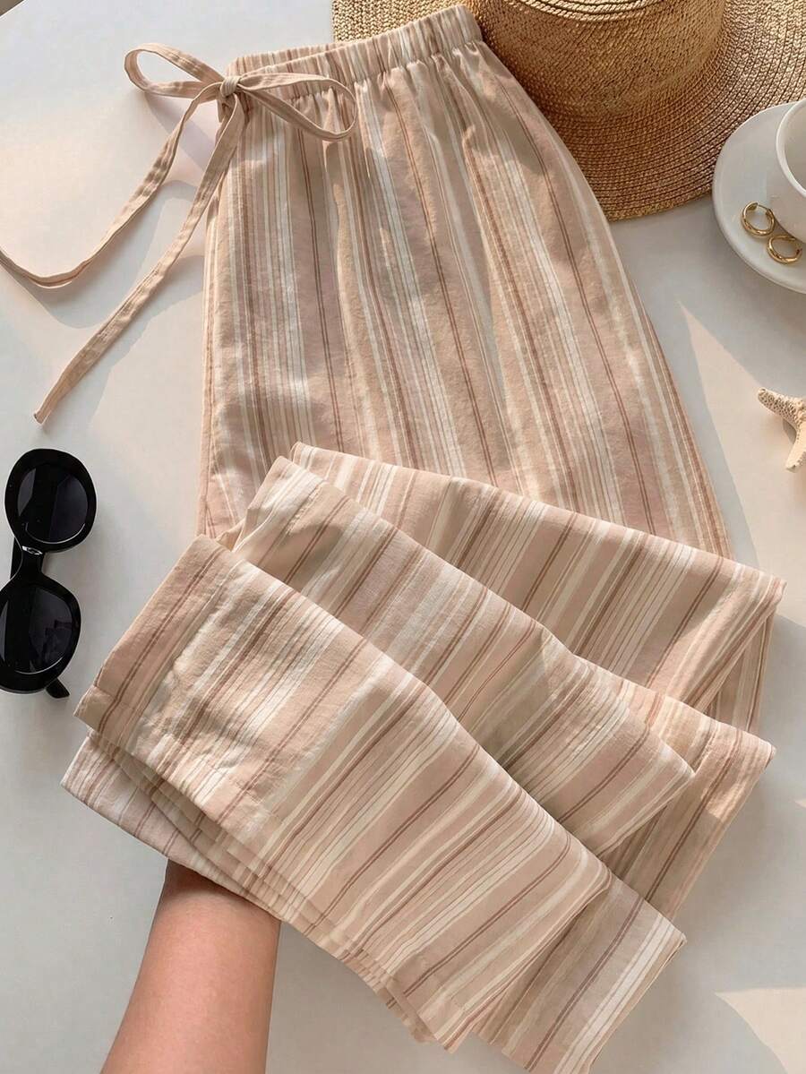 SHEIN EZwear 女款休閒腰部綁帶直筒長褲,適合夏季 - 杏色 - 查看 1