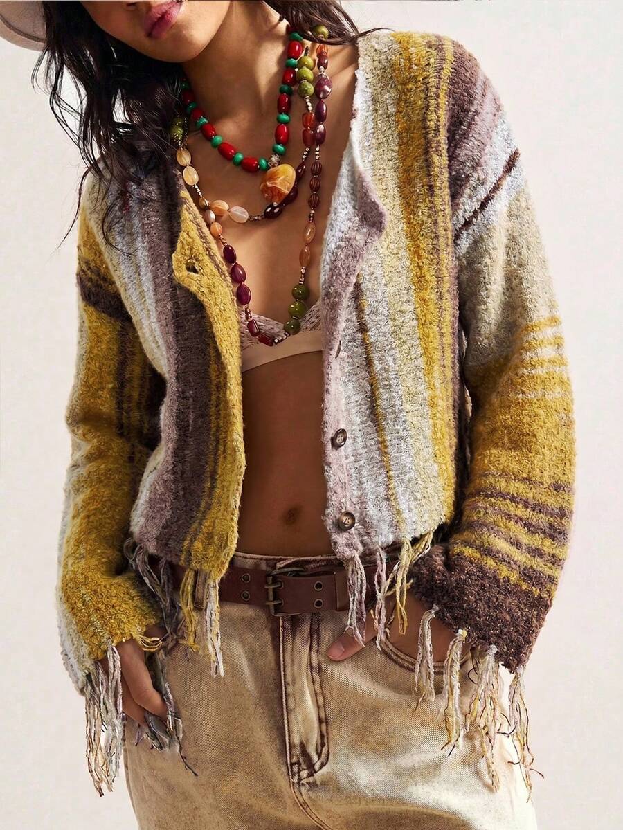 Bohemela Women's Colorblock Casual Versatile Daily Wear Cardigan - Multicolor - View 1