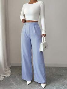 SHEIN Clasi Women's Plus Size Spring/Summer Single Style High Waist Button Front Pleated Vertical Striped Wide Leg Draped Commute Casual Pants Fall - Blue and White - View 7