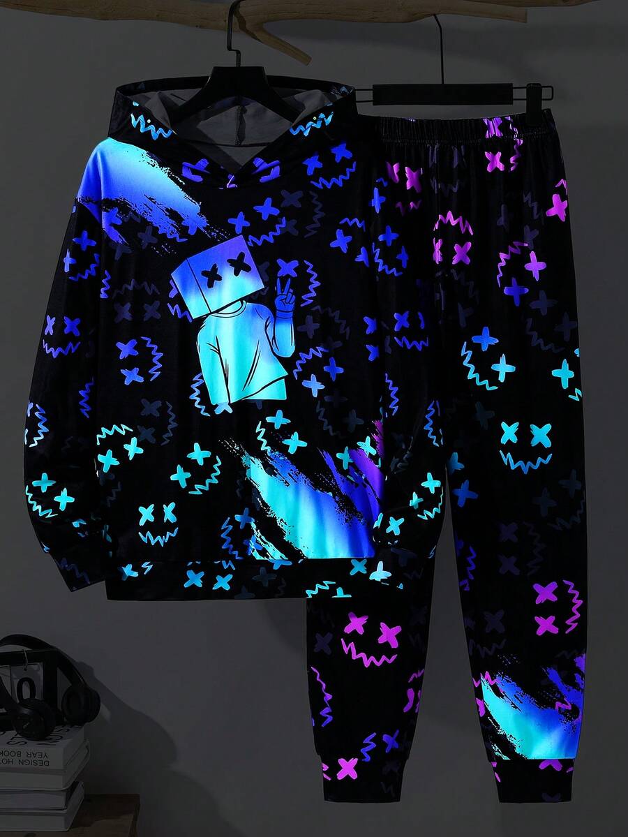 SHEIN Teen Boy Cartoon Glow-In-The-Dark Print Hoodie & Sweatpants Set