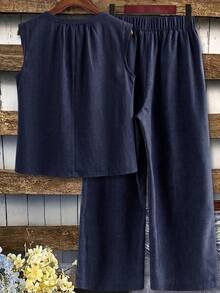 Linhara Plus Size Women's Summer Fashion Elegant Minimalist Commute Faux Linen Round Neck Sleeveless Blouse Top With Pants 2pcs Set - Navy Blue - View 2