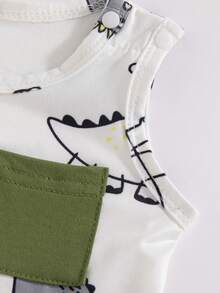SHEIN Playful Pals Conjunto de 2 piezas para bebé recién nacido niño, top sin mangas con estampado de dinosaurio y diseño de bolsillo falso, y pantalones cortos con estampado de dinosaurio, estilo casual, sencillo y lindo, adecuado para primavera/verano, salidas, vacaciones en la playa, conjunto de moda y lindo para bebé niño - Verde militar - Ver 8