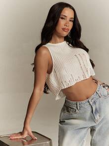 Denimoi Women's Spring/Summer Solid Color Sexy Cropped Sleeveless Crochet Knit Sweater Top - White - View 7