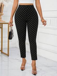 SHEIN Lady 女款時尚通勤波點印花緊身褲 - 黑色 - 查看 6