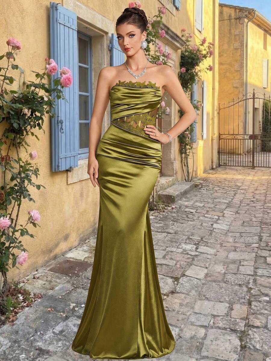Coutiva Women's Elegant Formal Party Prom Rehearsal Dinner Banquet Dress Satin Patchwork Sheer Mesh Lace Applique Strapless Evening Gown Wedding Green Summer