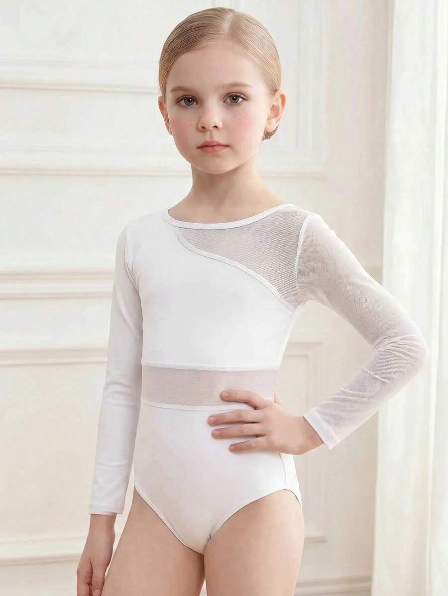 SHEIN Young Girls' Sports Mesh Panel Bodysuit, Mesh Patchwork, One-Piece Athletic Design, Solid, Knit, Fitted, Sportswear, Cardigan, Knitted, Vest, Collar - White - View 1