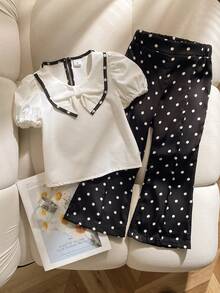 SHEIN Elladie kids Conjunto de 2 piezas para niñas jóvenes, camisa blanca vintage casual con lunares negros y blancos, cuello con lazo, mangas abullonadas y ribete de contraste, pantalones acampanados, outfit casual vintage Y2K para volver a la escuela - Azul y blanco - Ver 7