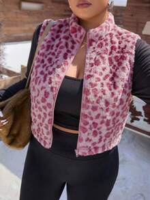 SHEIN EZwear 大尺碼洋紅色豹紋無袖外套 - 玫紅色 - 查看 10