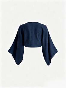 INAWLY Women's Textured Solid Color Front Knot Ruched Cropped Shirt For Vacation - Navy Blue - View 2